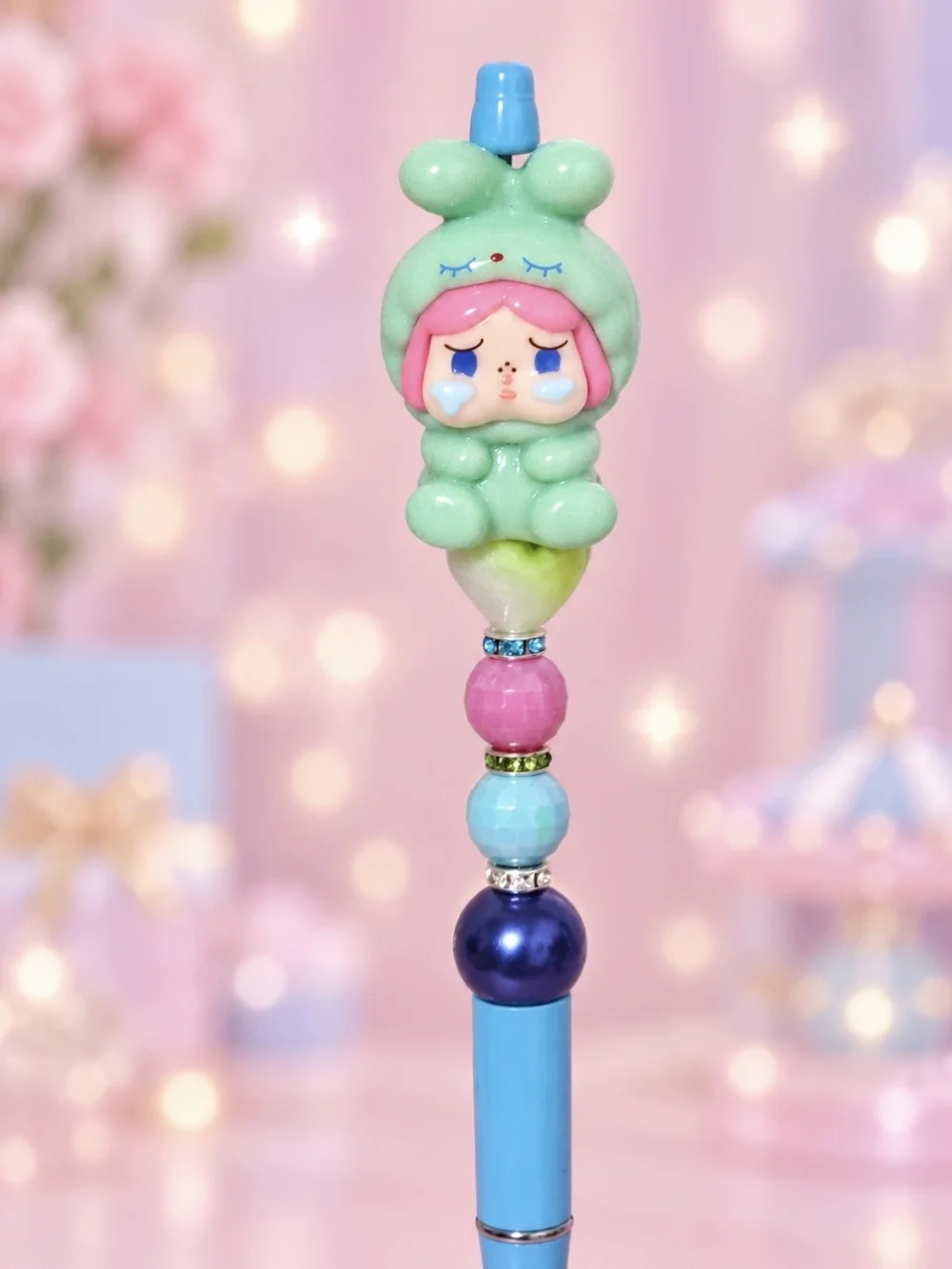 Green Cry Baby Bunny Girl Handmade Beaded Pen
